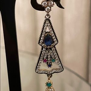 Silver and brass earrings with sapphire, ruby and white topaz, 2,5”